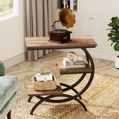 a living room scene with focus on the coffee table and chair, which has a record player on it