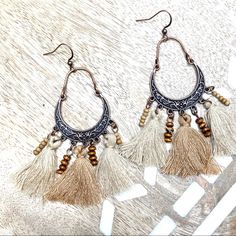 Boho Detailed Copper Hoops Adorned With Tiny Wooden Beads And Tassels Lightweight Statement Earrings 3” Ear Drop 1” Width Brand New! Travel Resort Vacation Boho Natural Mermaid Boho Vintage Gold Gypsy Statement Like Anthropologie Festival Handmade Pageant Wedding Bridesmaid Bridal Photoshoot Brown Tassel Earrings For Festivals, Brown Bohemian Tassel Earrings For Summer, Bohemian Brown Tassel Earrings For Summer, Adjustable Brown Bohemian Tassel Earrings, Brown Fringe Tassel Earrings For Festivals, Brown Bohemian Tassel Earrings, Bohemian Brown Tassel Earrings, Beach Jewelry With Brown Tassels, Beige Bohemian Fringe Earrings