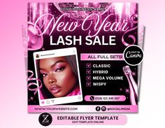 a flyer for a new year's fashion sale with an image of a woman in pink