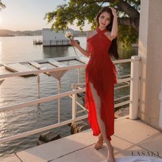 Lasaky - Exclusive Red Party Dress with Neck Halter and Split Hem, featuring Ruffled Edges Red Party Dress, Terry Cloth Dress, Red Party, Red S, Ruffle Skirt, Split Hem, Types Of Skirts, Terry Cloth, Types Of Collars