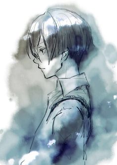 a drawing of a boy with short hair and blue eyes looking to the side, in front of some clouds