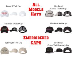 Personalized Embroidered Hat, Custom Embroidery Logo, Sorority hat, Bachelorette hats, Baseball Dad, Small Business Merch, 6 Panel Twill Cap We can stitch up to 42 colors in an area of roughly 2.5"x5". Please communicate the sizing you'd like for your logo or text.               1-) Brushed Twill Cap 100% lightweight brushed cotton twill Unstructured, six-panel, low-profile Pre-curved visor Hook-and-loop closure            2-)  Sandwich Trucker Cap 55/45 cotton/polyester twill  100% polyester me Business Merch, Bachelorette Hats, Hats Baseball, Hat Custom, Embroidered Hat, Dad Cap, Dad Caps, Embroidered Hats, Personalized Embroidered