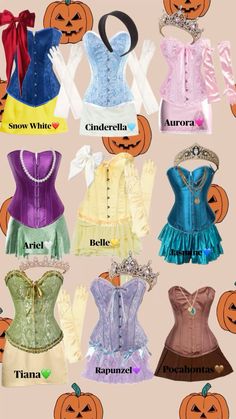 many different types of costumes with pumpkins in the background and text that says halloween