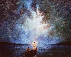 two people in a small boat floating on the water under a night sky filled with stars