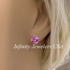 "These earrings are asscher cut lab created pink sapphires made with pure 14k yellow gold item #6436 -Approximate total carat weight: 2.00ctw -Center Stone Size: 1.00ct each 6x6mm -Gem Type: Lab Created Sapphire -Stone Shape: Asscher Cut -Stone Clarity: VS2 -Stone Color: Pink -Metal Type and Purity: 14K Yellow Gold -Setting: 4 Prong Basket Style -Backing: Friction Back (earring backs are subject to change due to availability) -Country of Manufacturing: USA (Michigan) For customization please con Pink Emerald Cut Gia Certified Jewelry, Gia Certified Emerald Cut Pink Jewelry, Pink Gia Certified Jewelry, Gia Certified Pink Fine Jewelry Earrings, Gia Certified Pink Emerald Cut Jewelry, Pink Asscher Cut Jewelry For Gift, Sapphire Birthstone, Pink Sapphire Earrings, Sapphire Earrings Studs