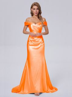 Orange Mermaid Orange Dress, Mermaid Dress Orange, Orange Fitted Off-shoulder Dress, Chic Orange Off-shoulder Dresses, Spring Orange Off-shoulder Maxi Dress, Silk Bridesmaid Dresses, Mermaid Fabric, Full Maxi Skirt, Orange Bridesmaid Dresses