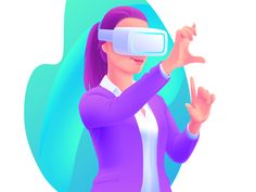 a woman wearing virtual glasses and pointing at something