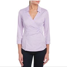 Nydj Womens Fit Solution Faux Wrap Blouse ~ Designed To Complement ~ Lift Tuck Technology That Slims From Within ~ Built In Shelf Bra For Support ~ Color: Lilac Frost Bust Across: 16 1/2 Inches Material: 78% Cotton/19% Elastane/2% Spandex #1007 Trades Or Holds Use Offer Option Fitted V-neck Shirt For Spring, Spring Stretch Shirt For Night Out, Stretch Shirt For Night Out In Spring, Chic Slim Fit Blouse For Spring, Spring Fitted V-neck Shirt, Elegant Slim Fit V-neck Top, Spring Chic Slim Fit Shirt, Fitted Spring Blouse For Office, Chic Slim Fit Shirt For Spring