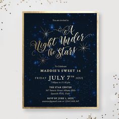 a night under the stars party card with gold foil lettering on a dark blue background