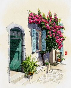 a watercolor painting of a house with pink flowers on the windows and shutters