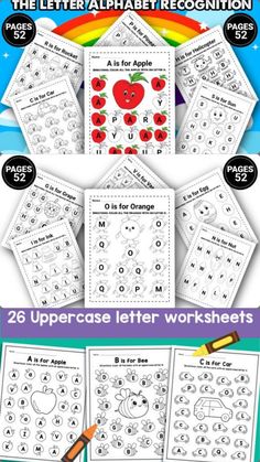 the alphabet recognition worksheet for upper and lowercase letters is shown in four different colors