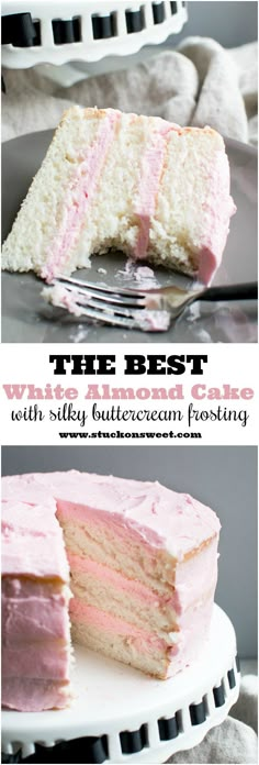 the best vanilla cake with fluffy buttercream frosting is cut in half and ready to be eaten