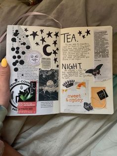 someone is reading a book with many different things on it, including coffee and tea