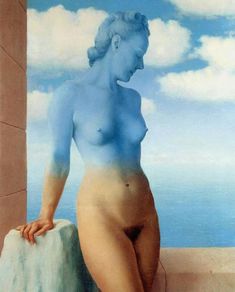 a painting of a nude woman sitting on a ledge next to the ocean with clouds in the background