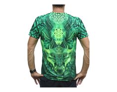 "Free delivery to USA, Canada, UK, Europe, Australia & Japan! UV Sublime S/S T : Lime Foxy Fully printed short sleeve T shirt. This shirt is an \"All Over\" printed T shirt that will really grab people's attention. The design is printed using sublimation printing on a high quality UV Yellow polyester / Dri-Fit blended shirt. This allows for extremely vibrant colors that will never fade away no matter how many times it gets washed, & results in an extremely soft \"feel\" to the shirt for Rave Style Graphic Print Short Sleeve T-shirt, Festival T Shirt, Green Short Sleeve Glow In The Dark T-shirt, Rave Festival T-shirt With Graphic Print, Affordable Rave T-shirt With Screen Print, Trippy Shirts, Psy Trance, Festival T Shirts, Rave Wear