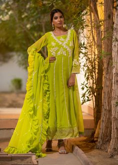 Green Chanderi Sets With Chikankari Embroidery, Festival Green Palazzo Set With Mirror Work, Green Palazzo Set With Dabka Work For Eid, Green Palazzo Set With Dupatta In Chinon, Green Chinon Palazzo Set With Dupatta, Green Anarkali Palazzo Set With Sheer Dupatta, Fitted Green Georgette Palazzo Set, Fitted Green Palazzo Set With Mirror Work, Green Anarkali Salwar Kameez With Mirror Work