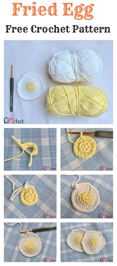 the crochet pattern for fried egg is shown in four different stages, including yarn and thread