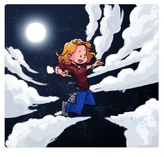 a cartoon girl is running across the sky