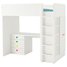 a white loft bed with desk and drawers on it's bottom shelf, against a white background