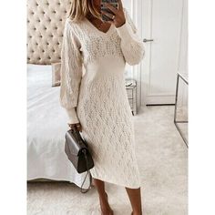 Find ideas๏ฟฝand inspiration for Women Fashion High Waist V-Neck Knitted Midi Dress Casual Plain Wrap Dress, Fashion Women's Dresses Eyelet Sweater, Kawaii Outfits, Hair Upstyles, Pencil Skirt Dress, Womens Fall Dress, Long Sleeve Knit Dress, Long Sleeve Sweater Dress, Sweater Dress Midi, Knitted Coat