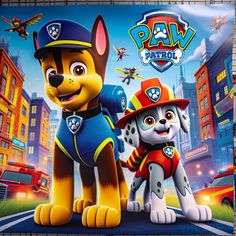 the paw patrol movie poster with two dogs in front of an urban cityscape