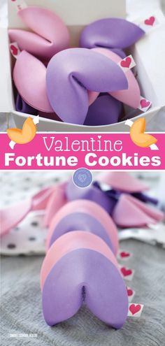 valentine's day fortune cookies in a box with pink and purple frosting on top