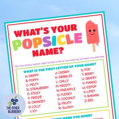 Your guests will love this fun "What's Your Popsicle Name?" game! It's the perfect addition to popsicle parties, pool parties, summer parties, "Ready to Pop" baby showers, and any other event where popsicles are served!  Names like Drippy D'Freezo and Mango Meltsalot will have everyone laughing! This download includes a matching 8.5" x 11" sign and nametags, too! All names are kid-friendly and fun for adults, too!  WHAT'S INCLUDED This download includes 3 high-quality, (300 DPI) 8.5x11 inch page Burger Names, Summer Party Games, Popsicle Party, Pop Baby Showers, Name Game, Name Games, Baby Q, Ready To Pop, Game Printable