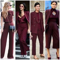 Burgundy Color Palette Outfit, Burgundy Office Outfit, Monochromatic Outfit Burgundy, Burgundy Pants Outfit Work, Deep Winter Color Palette Outfits, Outfit Pantalon Vino, Burgundy Outfit Ideas, Burgundy Dress Outfit