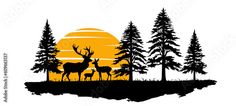 the silhouette of two deer in front of an orange and yellow sunset with pine trees