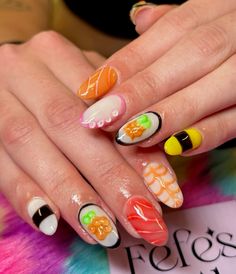 Sushi nails  • 3D nails  • Food nails  • Almond nails Sushi Nail Designs, Sushi Nail Art, Ramen Nails, Sushi Nails, Nails For Baddies, Breakfast Nails, Banana Nails, Sushi Halloween, Fish Nail Art