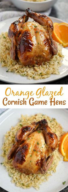 orange glazed gornish game hens are served over rice and garnished with fresh orange slices