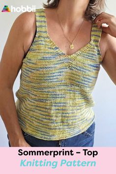 Get started on this DIY project on Sommerprint – Top Knitting Pattern. SIZE S (M) L (XL) XXL MEASUREMENTS Length: 53 (54) 55 (56) 57 cm / 20.9 (21.3) 21.7 (22) 22.4″ Bust circumference: 90 (95) 101 (107) 112 cm / 35.4 (37.4) 39.8 (44.1)″ ABOUT THE PATTERN A simple top where the multi-colored Friends Cotton Silk Print yarn is shown to its full advantage. The top is worked top down. The back piece and front piece are identical. Use the top on a warm summer day – it is suitable for both casual and Knit Tank Top Pattern, Diy Tank Top, Summer Top Pattern, Trendy Tank Tops, Tweed Yarn, Yarn Accessories, Bamboo Yarn, Simple Top, Baby Yarn