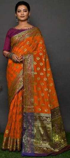 Orange color Saree in Banarasi Silk, Silk fabric with Weaving work Wedding Orange, Traditional Saree, Traditional Sarees, Traditional Wedding, Silk Fabric, Orange Color, Blouse Designs, Weaving, Saree