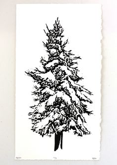 a black and white drawing of a pine tree with snow on the branches, against a white background