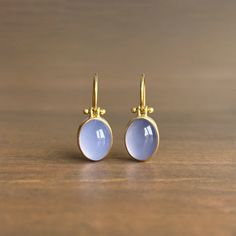 Oval Blue Namibian Chalcedony Cabochon Earrings – Meeka Fine Jewelry Formal Yellow Gold Chalcedony Jewelry, Yellow Gold Chalcedony Jewelry With Cabochon, Chalcedony Cabochon Yellow Gold Jewelry, Crystals Earrings, Cabochon Earrings, Chalcedony Earrings, Gold Frames, Kahlil Gibran, Newport Ri