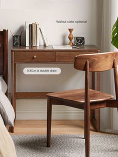 a bedroom with a bed, desk and chair next to a wall that says walnut color options