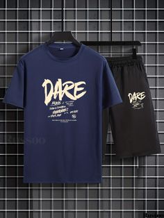 Russoo - Mens Casual Dare Round Neck T-shirt Set: Includes 2 Short-Sleeve Sports Tops with Pockets and Drawstring Shorts Black Letter Print T-shirt For Leisure, Black Short Sleeve T-shirt For Leisure, Sporty Black T-shirt For Leisure, Casual Blue T-shirt For Leisure, Sports Tops, Sports Top, Mens Casual, Drawstring Shorts, Neck T Shirt