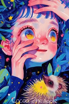 a painting of a girl holding her hand to her face next to a hedgehog