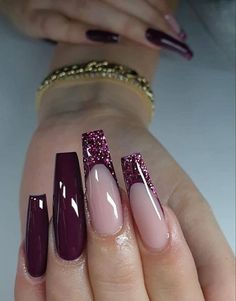 Maroon Nail Designs, Burgundy Acrylic Nails, Wine Nails, Purple Acrylic Nails, Maroon Nails, Her Nails, Shiny Nails, Long Square Acrylic Nails, White Nail