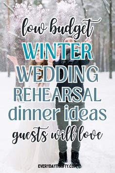 a bride and groom standing in the snow with text overlay that says how budget winter wedding