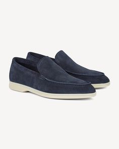 Brabion Unlined Capri Suede Loafer – Navy Classic Low-top Slip-ons With Suede Lining, Luxury Loafers With Contrast Sole And Plain Toe, Slip-on Oxfords With Rubber Sole For Galas, Low-top Textured Sole Loafers, Luxury Slip-on Loafers With Contrast Sole, Slip-on Moccasins For Formal Events, Textured Sole Slip-on Moccasins For Galas, Slip-on Moccasins With Textured Sole For Galas, Business Low-top Loafers With Leather Sole