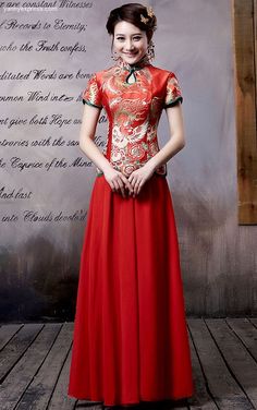 Chinese Wedding Gown Two-Piece Qipao Phoenix Patterned China Hanfu, Chinese Wedding Tea Ceremony, Wedding Tea Ceremony, Moda China, Wedding Qipao, Couture Evening Dress