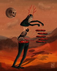 a painting of a person standing on top of a red object in the middle of a desert