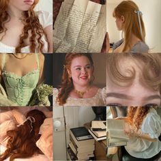 many different pictures of women with long hair and books in their hands, including one woman's head