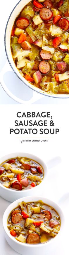 sausage and potato soup in a white bowl with the title cabbage, sausage & potato soup