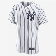 the new york yankees'home jersey is shown in white and black pinstripe