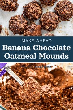 homemade chocolate oatmeal balls in a glass bowl with a wooden spoon on the side