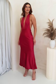 Kaylah Satin Halter Neck Maxi Dress | Red Halter Top Red Dress, Trendy Wedding Guest Dress, Inspo Looks, Maxi Dress Red, Trendy Prom Dresses, Halter Neck Maxi Dress, Halter Midi Dress, Church Decor, Halterneck Dress