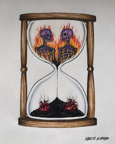 a drawing of two skeletons in an hourglass with flames coming out of the sides