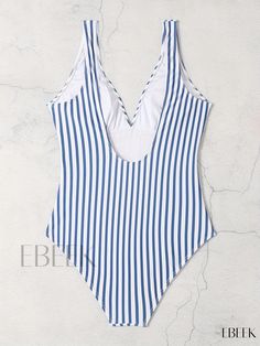 Ebeek - Womens High Cut Tummy Control One Piece Swimsuit - Blue Stripes Print, Deep V Neck, Medium Stretch - Ideal for Beach or Pool - Swimwear & Clothing Striped V-neck Swimwear For Beach, Striped Bodysuit With Lined Body For Vacation, Striped Lined Bodysuit For Vacation, Casual Blue One-piece Swimsuit For Pool, Casual Blue One-piece For Pool, Striped V-neck Swimwear For Vacation, Striped Sleeveless Swimwear For Vacation, Casual One-piece Bodysuit For Beach, Blue Beachwear Bodysuit For Summer